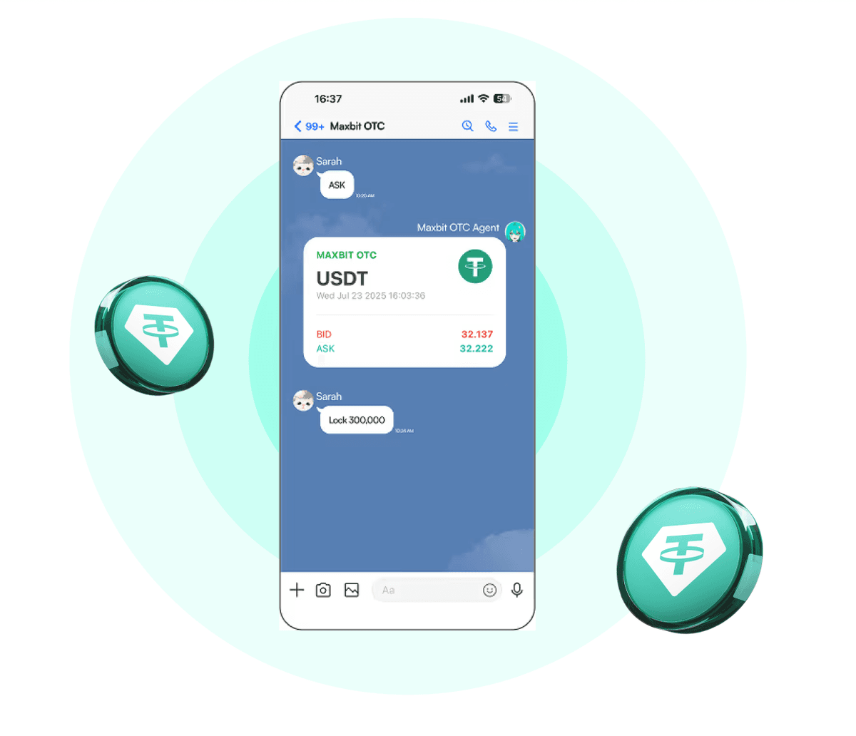 Maxbit OTC agent chat showing live USDT bid and ask prices